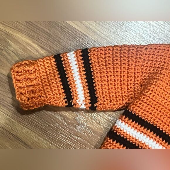 Handmade- crocheted orange sweater with black and white stripes and Fox Buttons - Picture 9 of 9